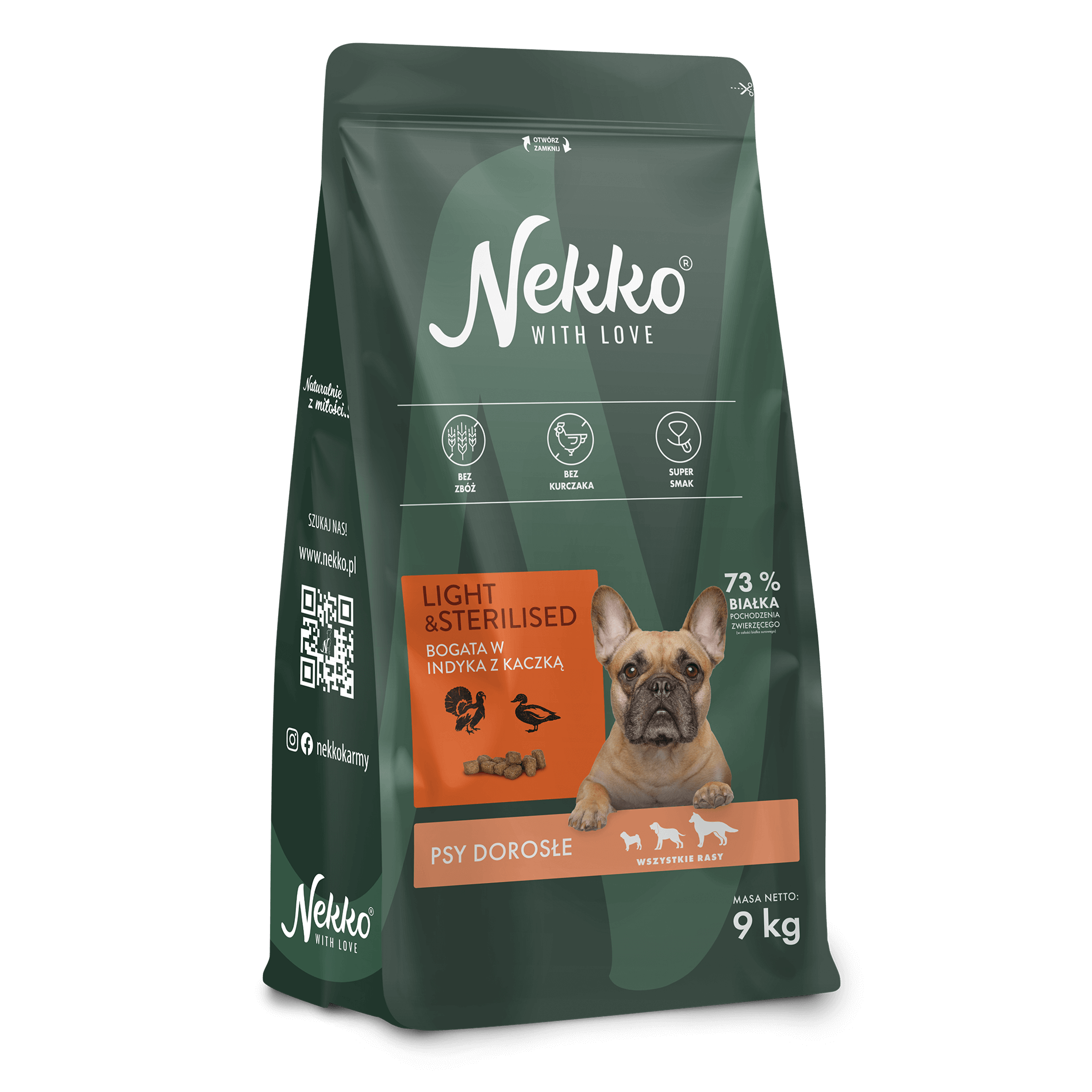 NEKKO karma sucha bezzbożowa psy dorosłe wszystkie rasy Light&Sterilised bogata w indyka z kaczką