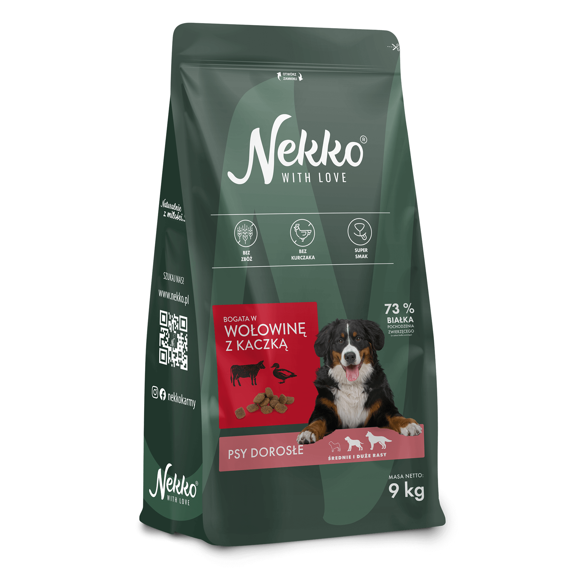 NEKKO karma sucha bezzbożowa dla psów dorosłych średnich i dużych ras bogata w wołowinę z kaczką